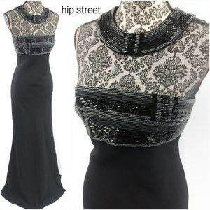 CARMEN MARC VALVO Bead & Mesh Cleopatra Collar Formal Party Maxi Dress 10